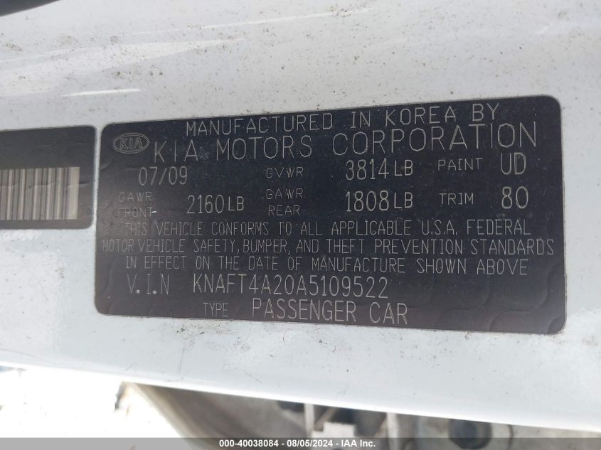 2010 Kia Forte Lx VIN: KNAFT4A20A5109522 Lot: 40038084