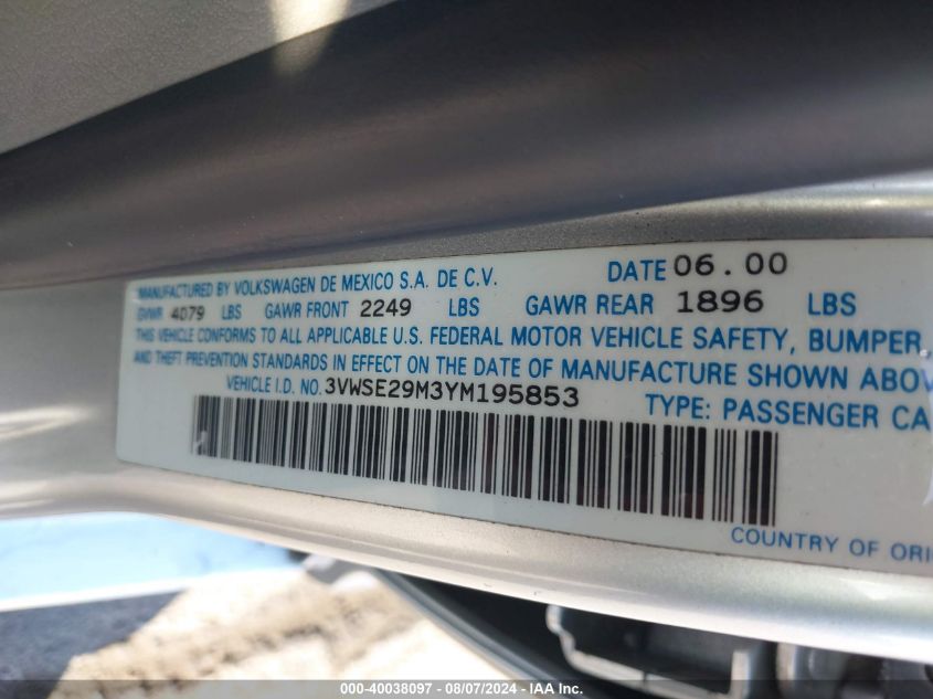 2000 Volkswagen Jetta Gls VIN: 3VWSE29M3YM195853 Lot: 40038097