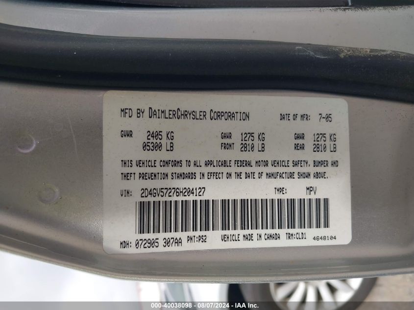 2006 Dodge Magnum Rt VIN: 2D4GV57276H204127 Lot: 40038098