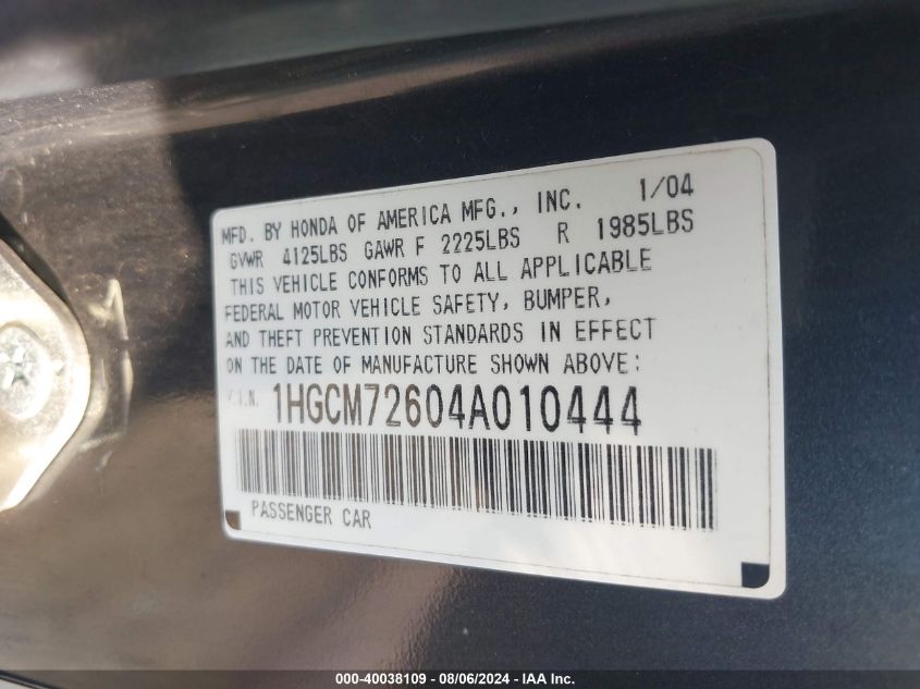 2004 Honda Accord 2.4 Ex VIN: 1HGCM72604A010444 Lot: 40038109