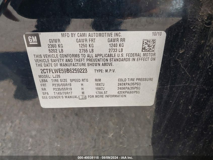 2011 GMC Terrain Slt-2 VIN: 2CTFLWE59B6259223 Lot: 40038115