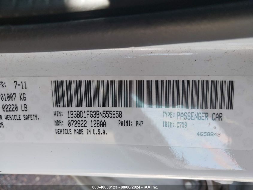2011 Dodge Avenger Mainstreet VIN: 1B3BD1FG3BN555958 Lot: 40038123