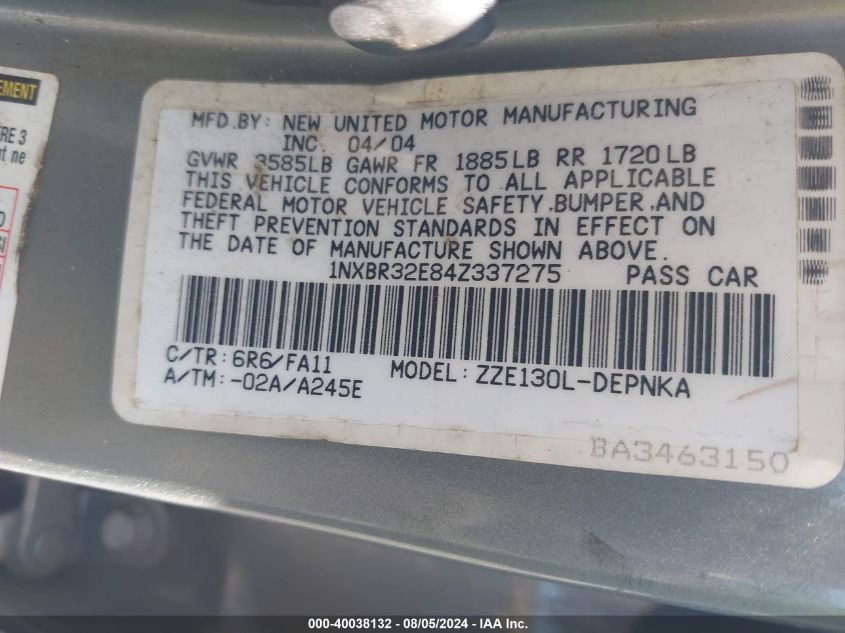 2004 Toyota Corolla Le VIN: 1NXBR32E84Z337275 Lot: 40038132