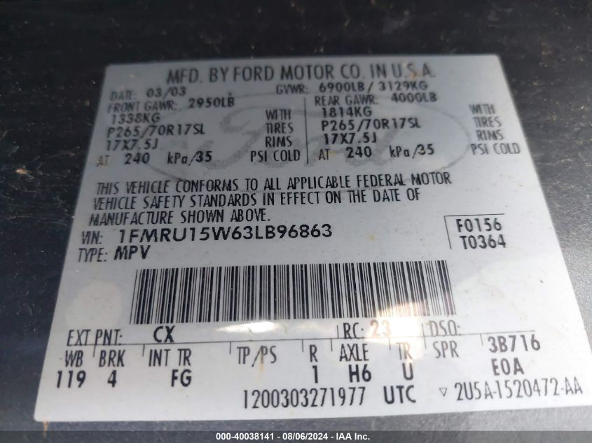 1FMRU15W63LV96863 2003 Ford Expedition Xlt