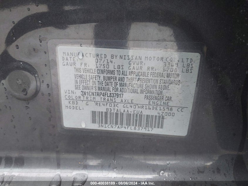 2015 Nissan Versa 1.6 S VIN: 3N1CN7AP4FL837917 Lot: 40038189