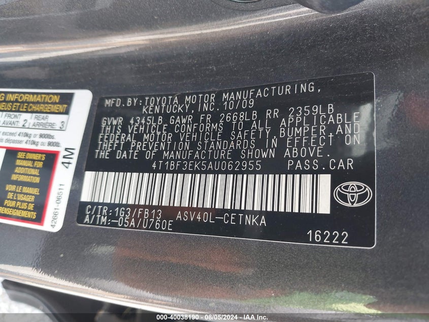 2010 Toyota Camry Le VIN: 4T1BF3EK5AU062955 Lot: 40038190