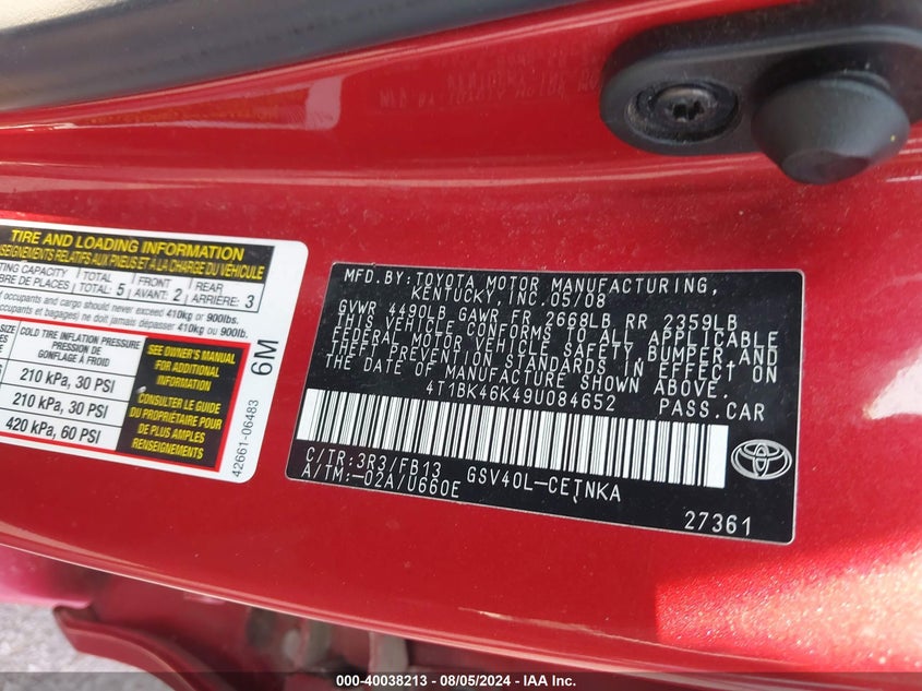 2009 Toyota Camry Le V6 VIN: 4T1BK46K49U084652 Lot: 40038213