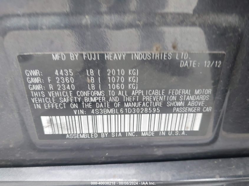 2013 Subaru Legacy 2.5I Limited VIN: 4S3BMBL61D3028595 Lot: 40038218