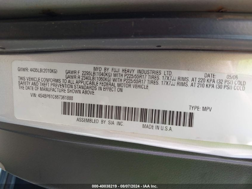 2006 Subaru Legacy Outback 2.5I VIN: 4S4BP61C667361888 Lot: 40038219