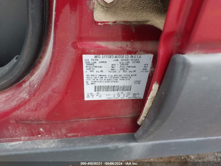 2003 Ford Escape Xlt VIN: 1FMYU93143KC97696 Lot: 40038231