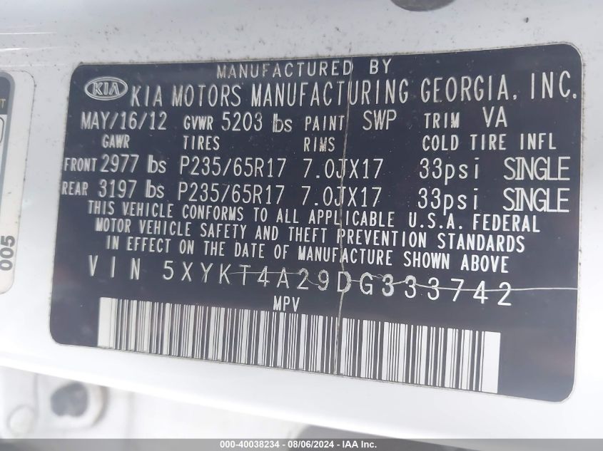 2013 Kia Sorento Lx V6 VIN: 5XYKT4A29DG333742 Lot: 40038234