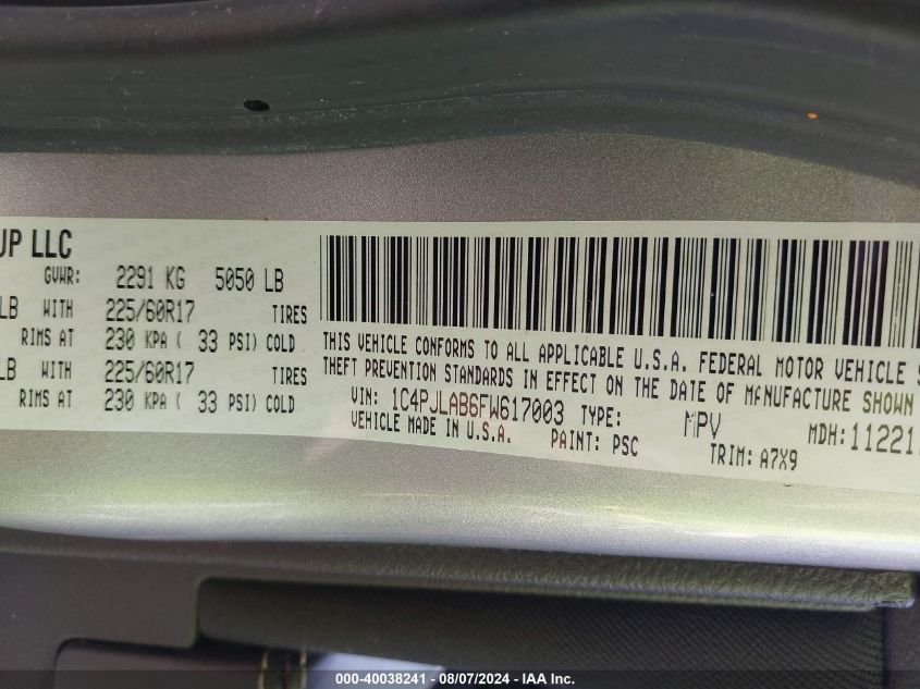 2015 Jeep Cherokee Sport VIN: 1C4PJLAB6FW617003 Lot: 40038241