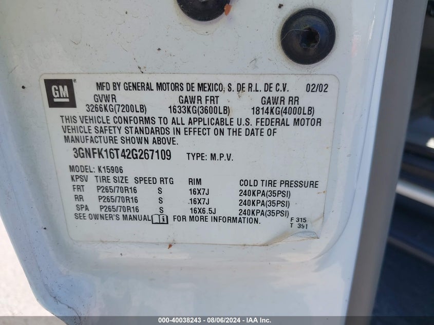 2002 Chevrolet Suburban 1500 Lt VIN: 3GNFK16T42G267109 Lot: 40038243