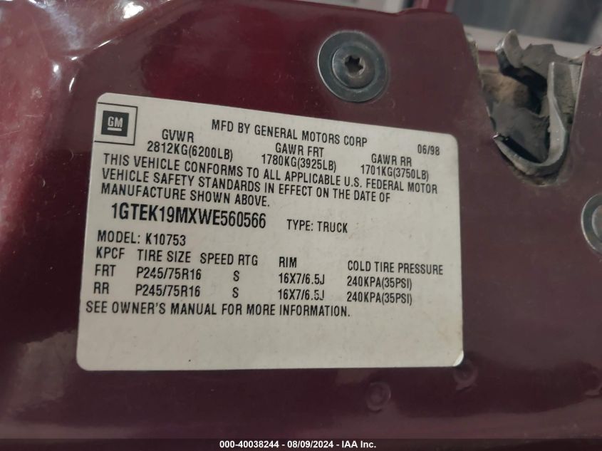 1998 GMC Sierra K1500 VIN: 1GTEK19MXWE560566 Lot: 40038244
