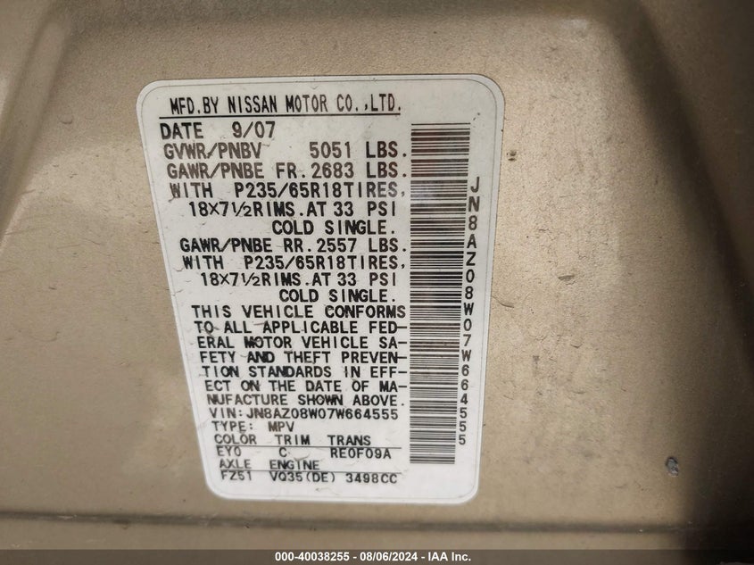 2007 Nissan Murano Sl VIN: JN8AZ08W07W664555 Lot: 40038255