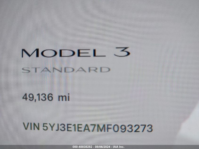 2021 Tesla Model 3 Standard Range Plus Rear-Wheel Drive VIN: 5YJ3E1EA7MF093273 Lot: 40038282