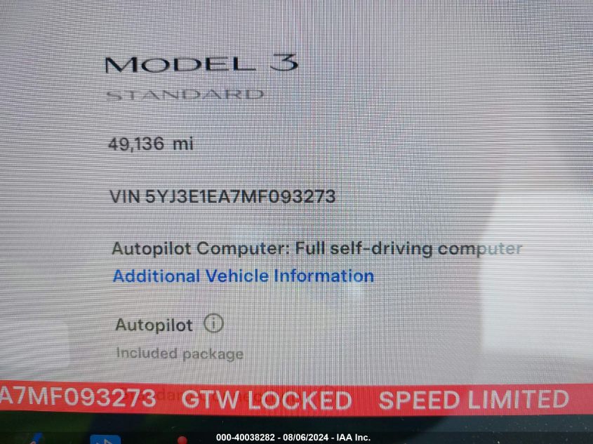 2021 Tesla Model 3 Standard Range Plus Rear-Wheel Drive VIN: 5YJ3E1EA7MF093273 Lot: 40038282