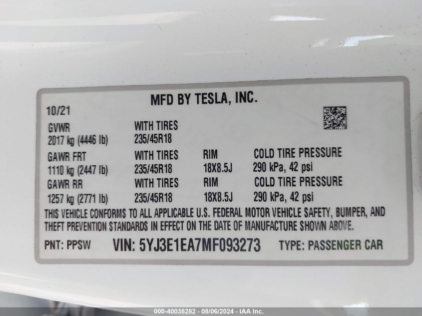 2021 Tesla Model 3 Standard Range Plus Rear-Wheel Drive VIN: 5YJ3E1EA7MF093273 Lot: 40038282