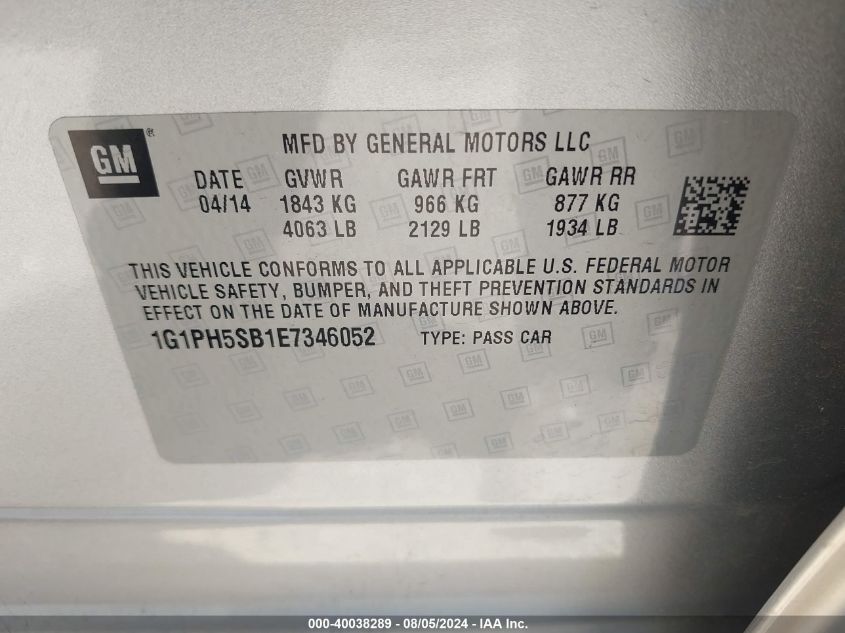 2014 Chevrolet Cruze Eco Auto VIN: 1G1PH5SB1E7346052 Lot: 40038289