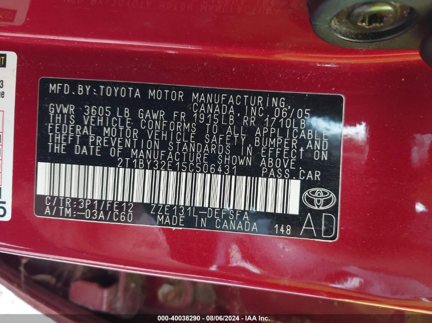 2005 Toyota Corolla Xrs VIN: 2T1BY32E15C506431 Lot: 40038290