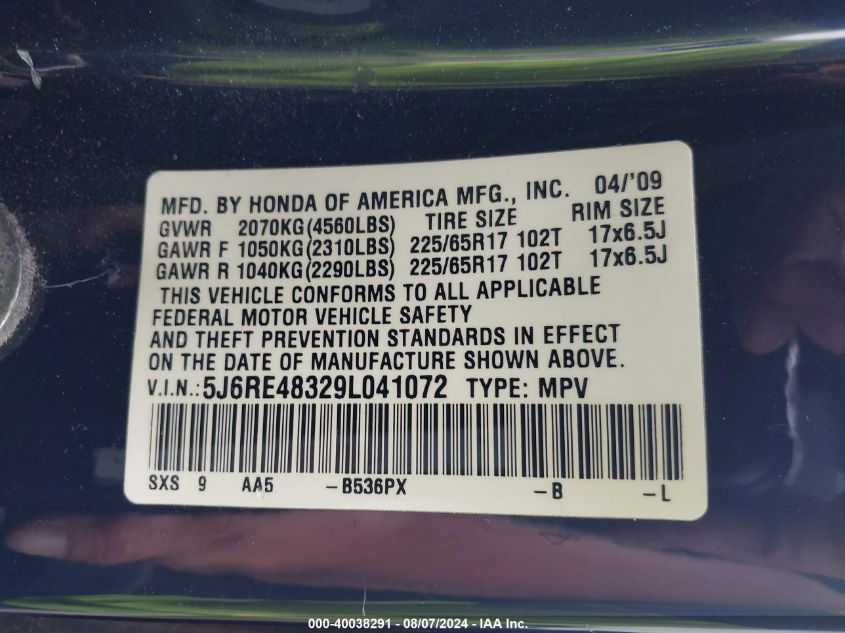 2009 Honda Cr-V Lx VIN: 5J6RE48329L041072 Lot: 40038291