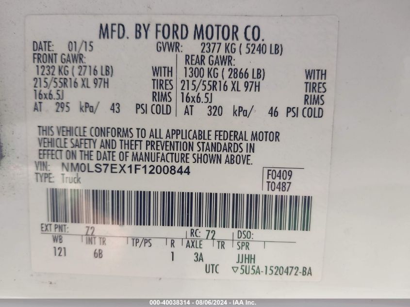 2015 Ford Transit Connect Xl VIN: NM0LS7EX1F1200844 Lot: 40038314