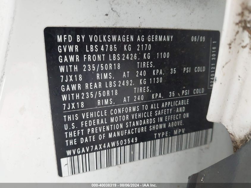 2010 Volkswagen Tiguan S/Se/Sel VIN: WVGAV7AX4AW503549 Lot: 40038319