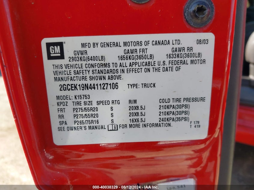 2004 Chevrolet Silverado 1500 Ss VIN: 2GCEK19N441127106 Lot: 40038329