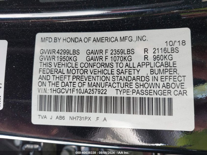 1HGCV1F10JA257922 2018 Honda Accord Lx