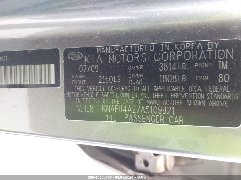 2010 Kia Forte Ex VIN: KNAFU4A27A5109921 Lot: 40038347