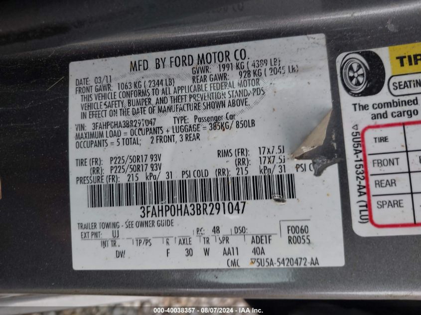 2011 Ford Fusion Se VIN: 3FAHP0HA3BR291047 Lot: 40038357