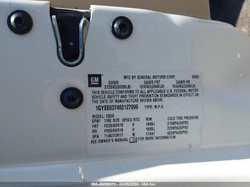 2006 Cadillac Srx V6 VIN: 1GYEE637460127999 Lot: 40038373