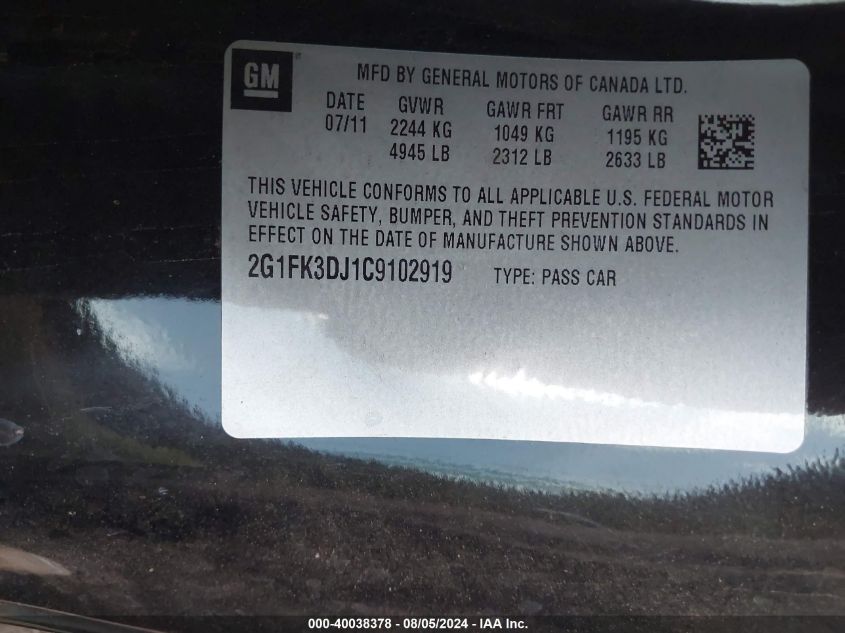 2012 Chevrolet Camaro 2Ss VIN: 2G1FK3DJ1C9102919 Lot: 40038378