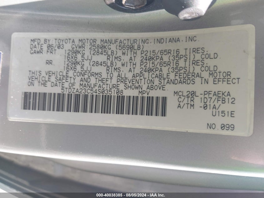 2004 Toyota Sienna Le VIN: 5TDZA23C54S035108 Lot: 40038385