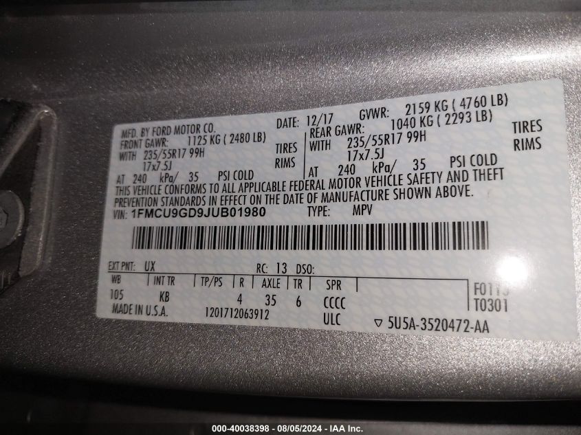 2018 Ford Escape Se VIN: 1FMCU9GD9JUB01980 Lot: 40038398