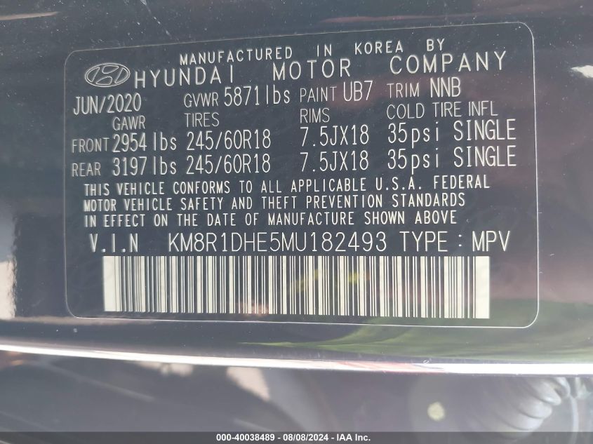 2021 Hyundai Palisade Se VIN: KM8R1DHE5MU182493 Lot: 40038489