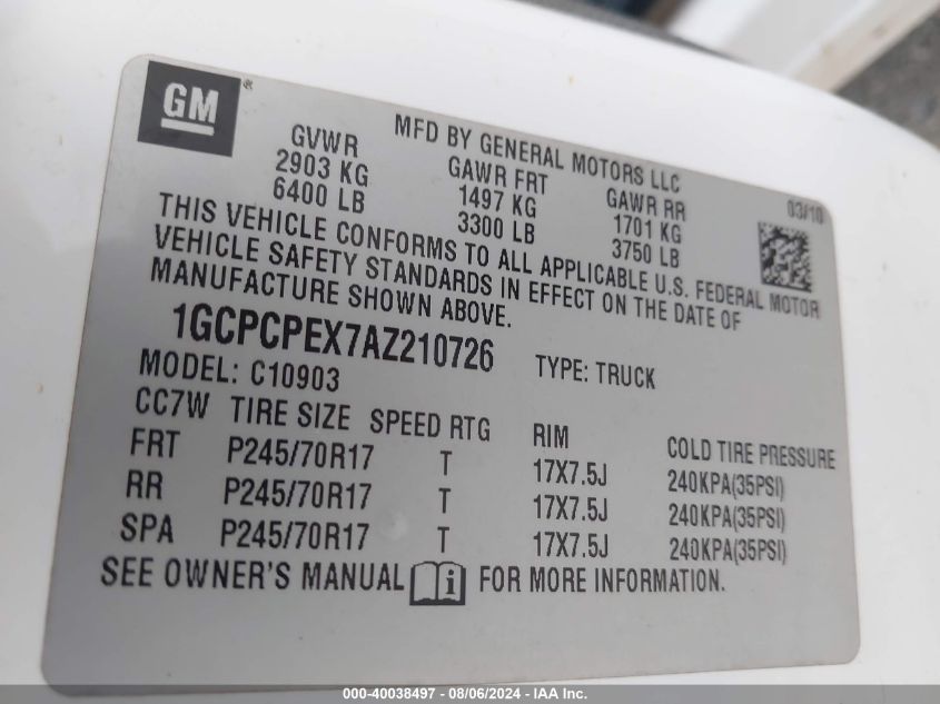 2010 Chevrolet Silverado 1500 Work Truck VIN: 1GCPCPEX7AZ210726 Lot: 40038497