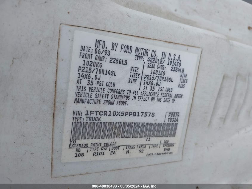 1993 Ford Ranger VIN: 1FTCR10X5PPB17578 Lot: 40038498
