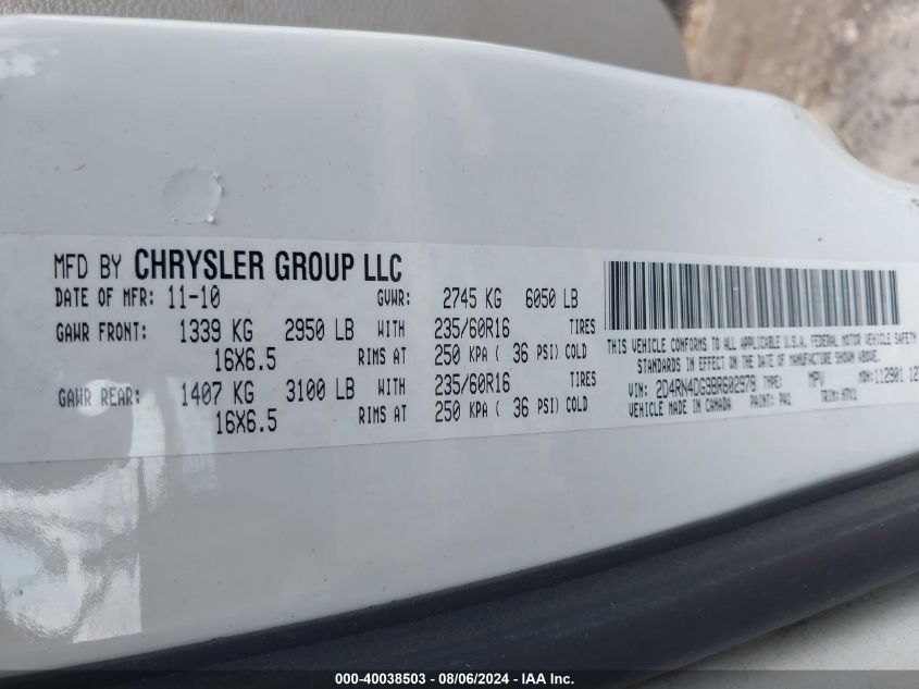 2011 Dodge Grand Caravan Express VIN: 2D4RN4DG9BR602978 Lot: 40038503