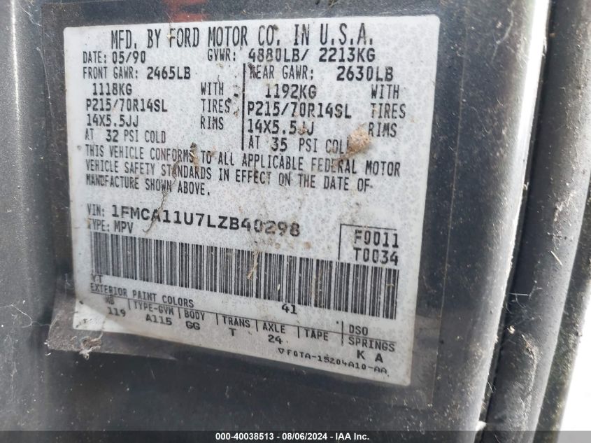 1990 Ford Aerostar VIN: 1FMCA11U7LZB40298 Lot: 40038513