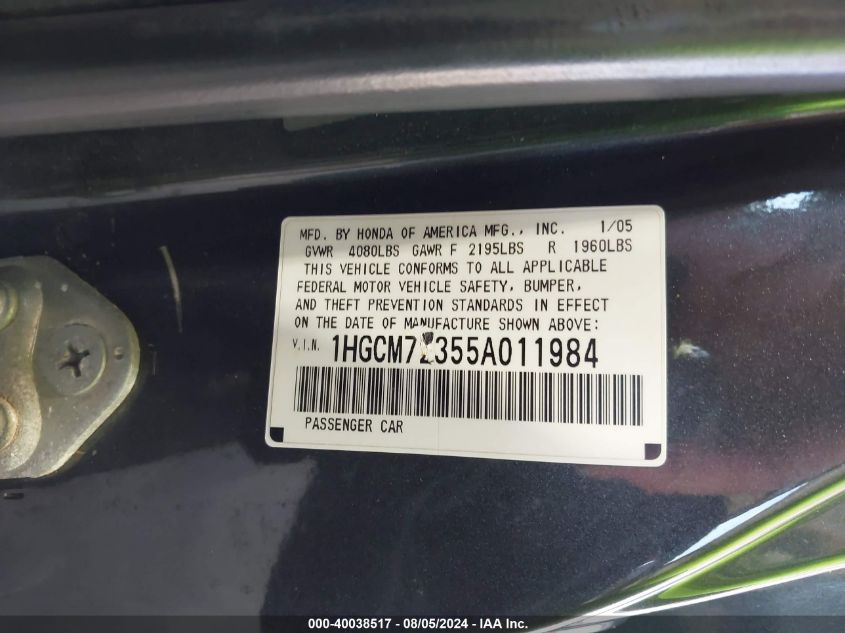 2005 Honda Accord 2.4 Lx VIN: 1HGCM72355A011984 Lot: 40038517