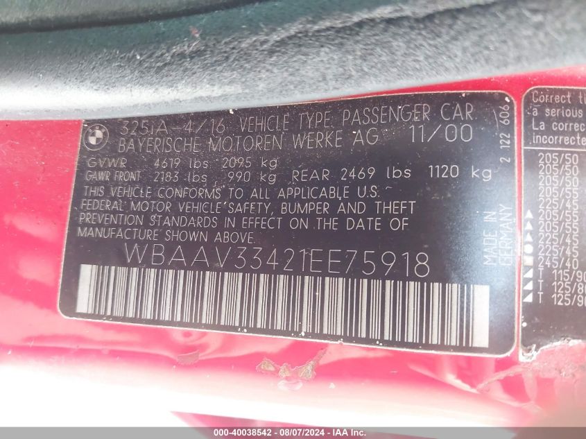 2001 BMW 325 I VIN: WBAAV33421EE75918 Lot: 40038542