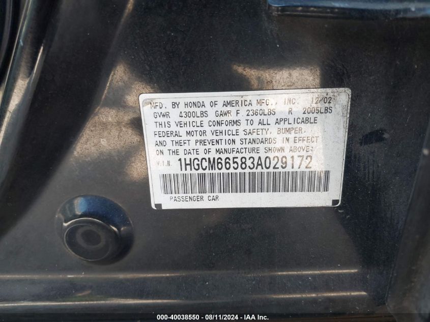 1HGCM66583A029172 2003 Honda Accord 3.0 Ex