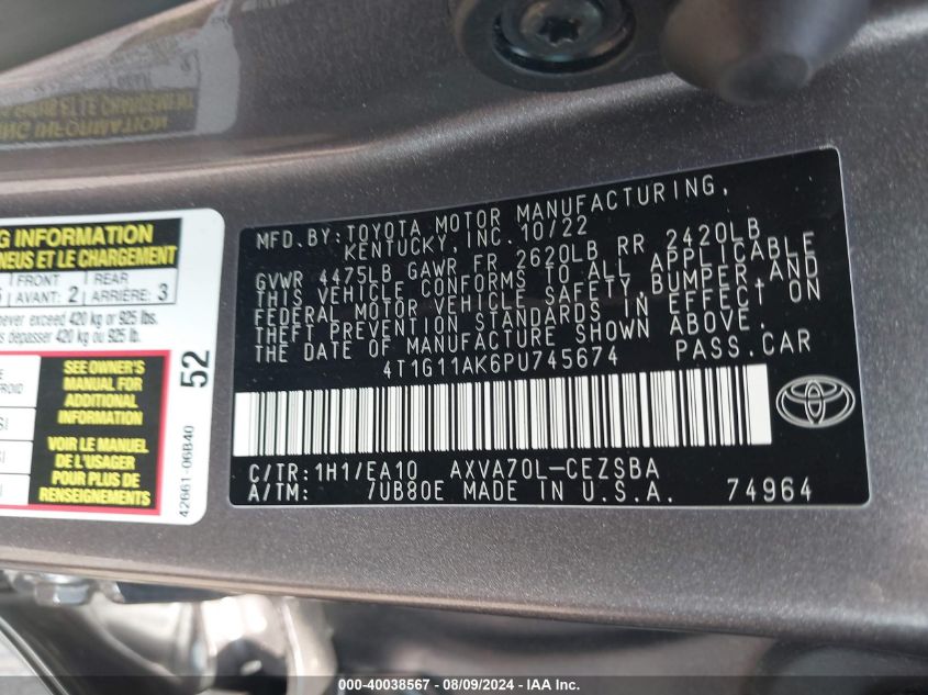 4T1G11AK6PU745674 2023 Toyota Camry Se