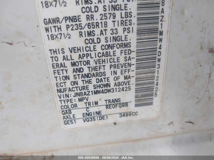 2013 Nissan Murano Sl VIN: JN8AZ1MW4DW312425 Lot: 40038568