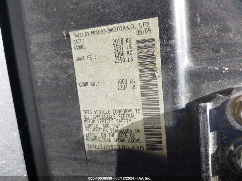 2009 Nissan Altima Hybrid VIN: 1N4CL21EX9C191230 Lot: 40038598