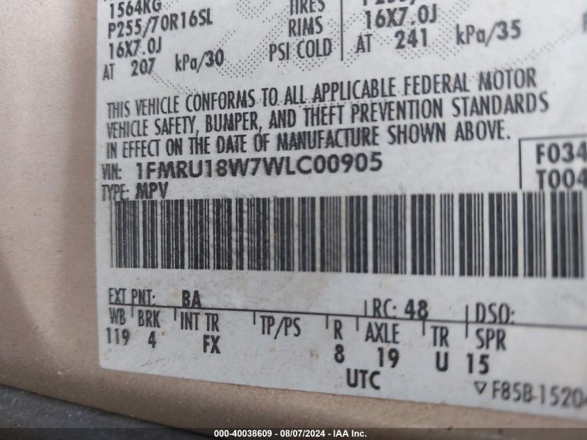 1998 Ford Expedition VIN: 1FMRU18W7WLC00905 Lot: 40038609