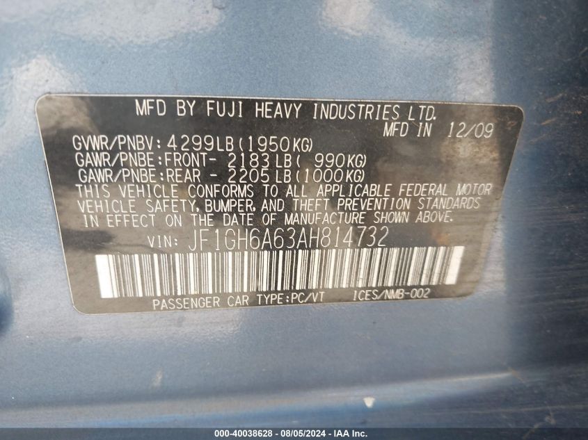 2010 Subaru Impreza 2.5I VIN: JF1GH6A63AH814732 Lot: 40038628