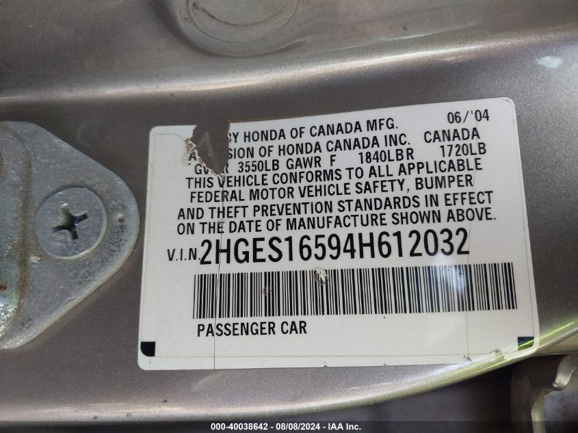 2004 Honda Civic Lx VIN: 2HGES16594H612032 Lot: 40038642