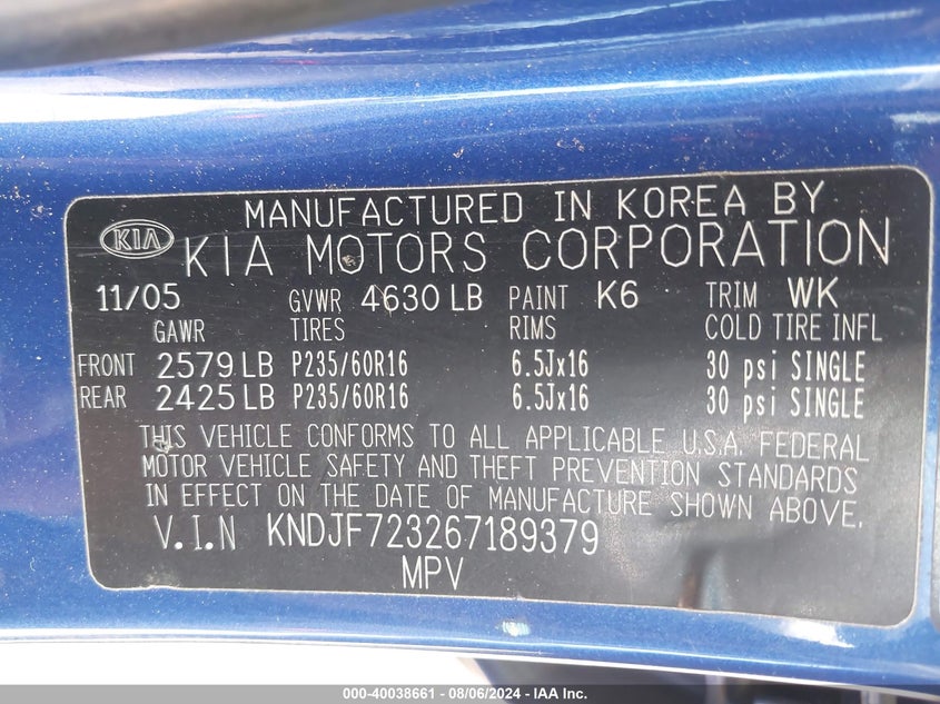 KNDJF723267189379 2006 Kia Sportage Ex V6/Lx V6